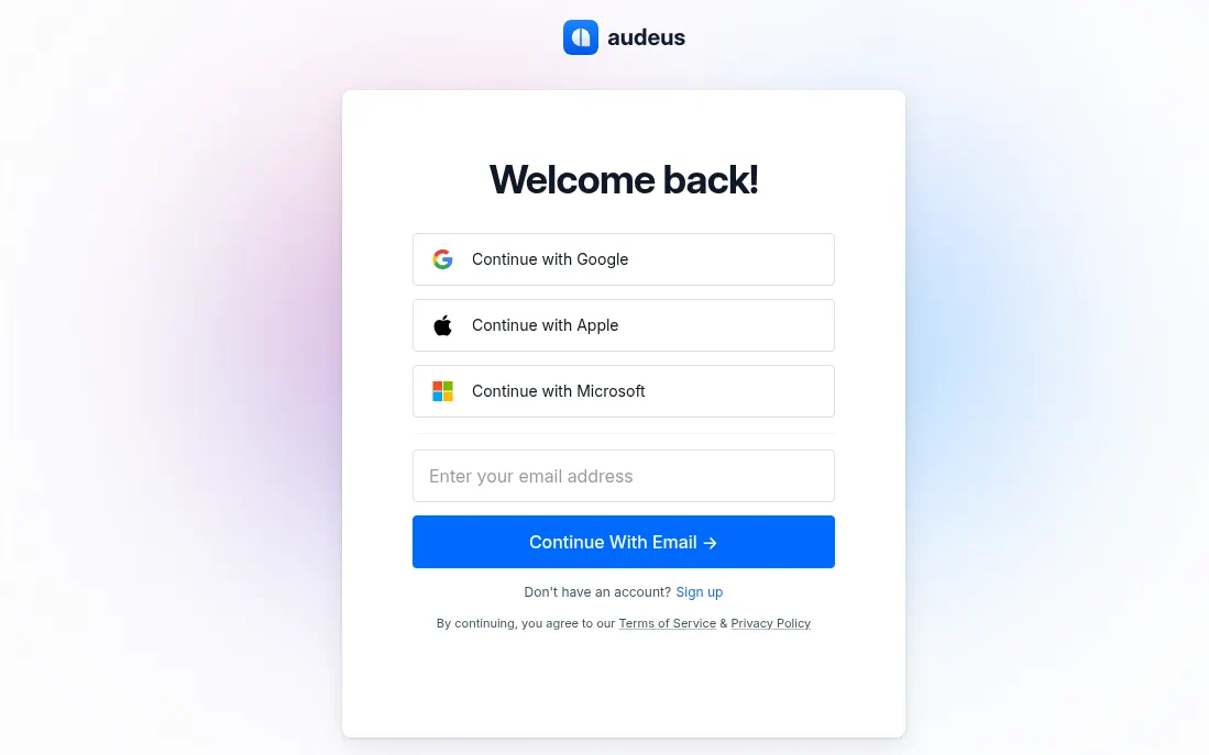 Audeus sign up page highlighting Google, Apple, and Email login buttons