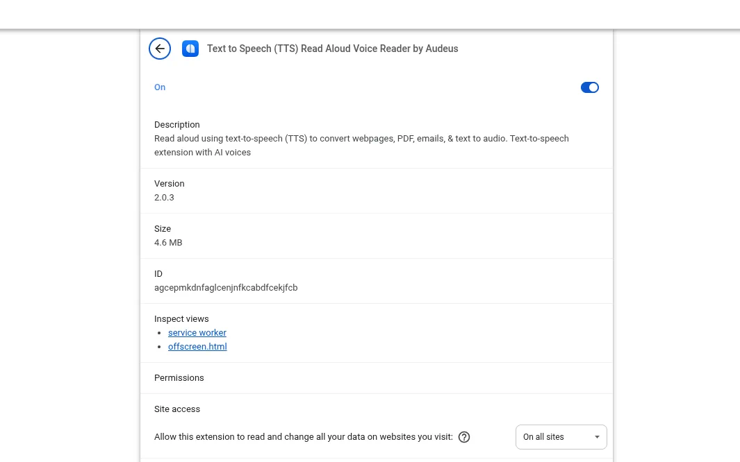 Configuring Audeus site access permissions to 'On all sites' inside Google Chrome extension details settings