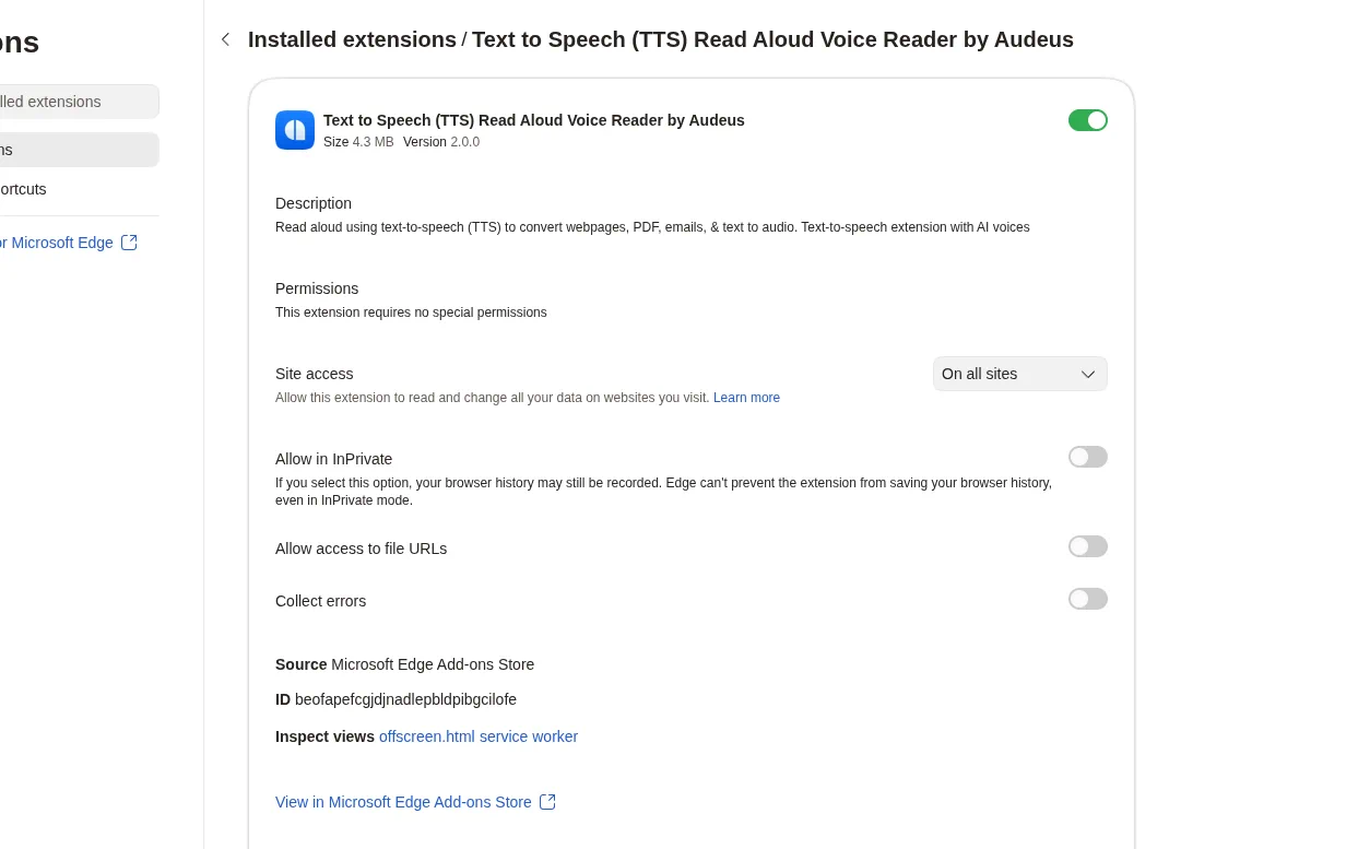 Configuring Audeus site access permissions to 'On all sites' inside Microsoft Edge extension details settings