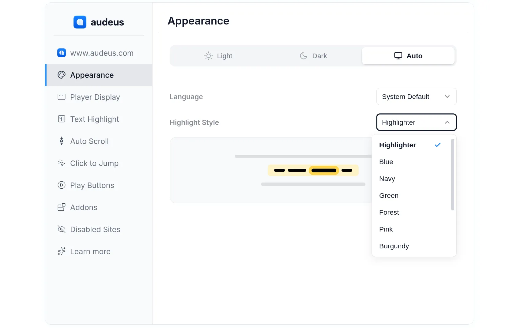 The site-specific settings panel for configuring word highlights, click-to-jump, and auto-scroll behavior