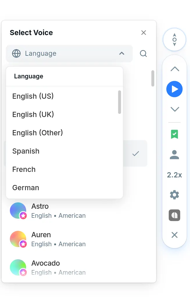 The Audeus Safari Extension sidebar player active on a webpage with word-by-word text highlighting