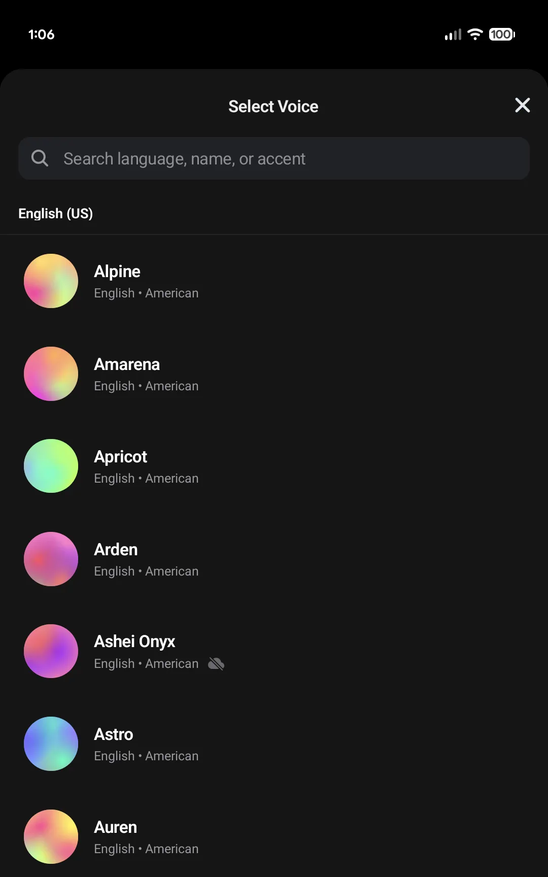 Selecting an AI voice from the mobile library bottom sheet
