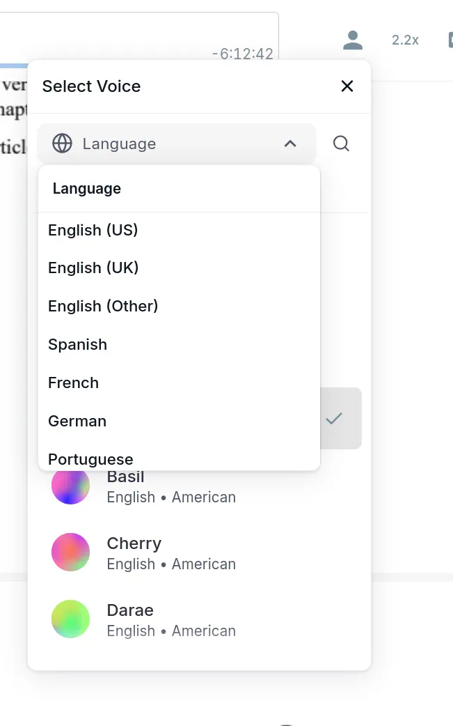 Selecting an AI narrator voice from the top-bar dropdown library on the Audeus web player
