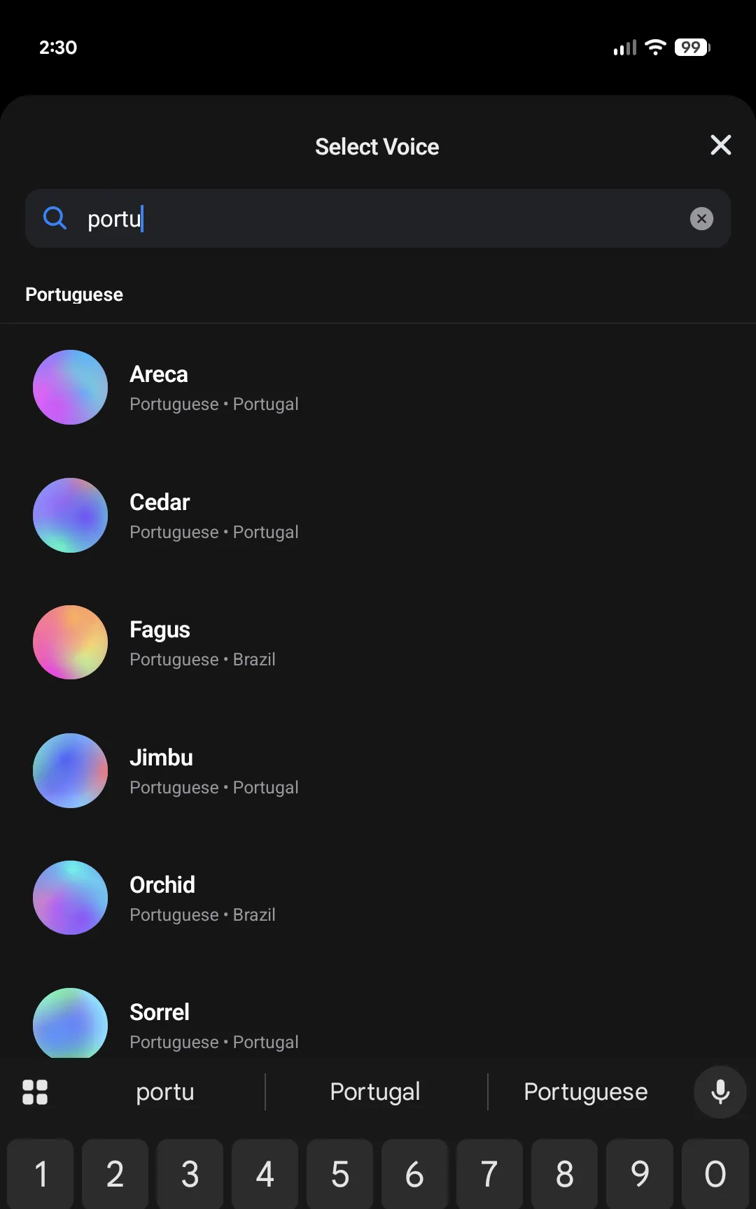 Browsing and selecting regional dialect voice cards inside the mobile player bottom sheet