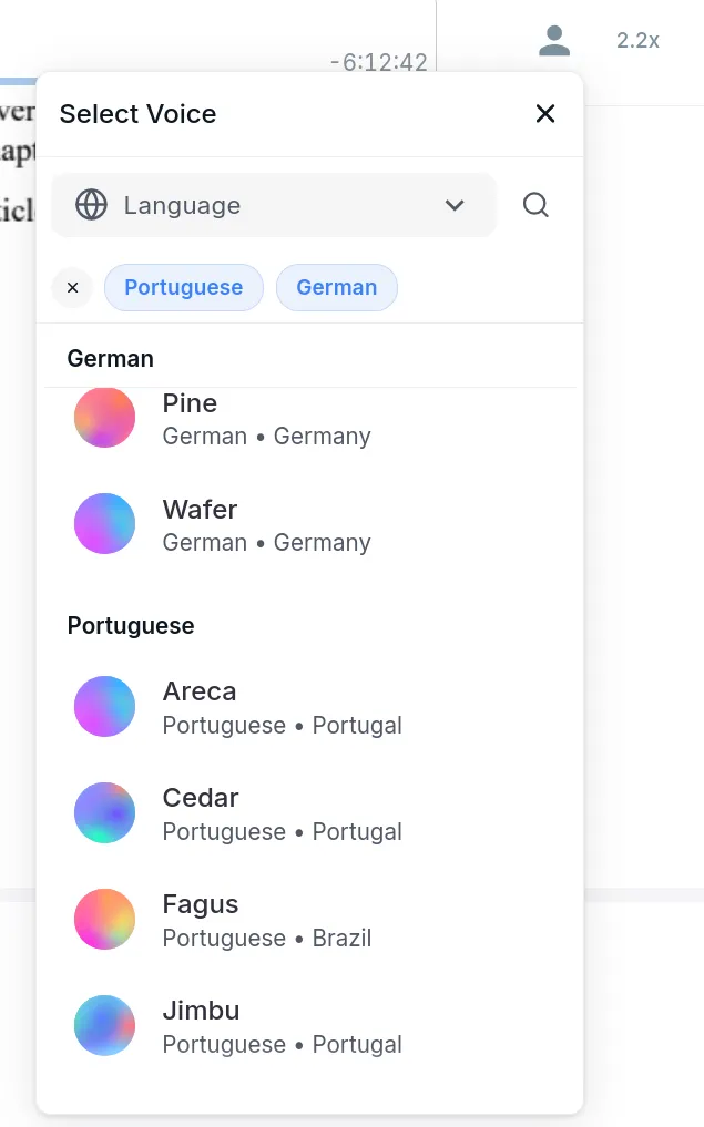 Filtering narrator voices by language using the Globe dropdown in the Audeus web voice library