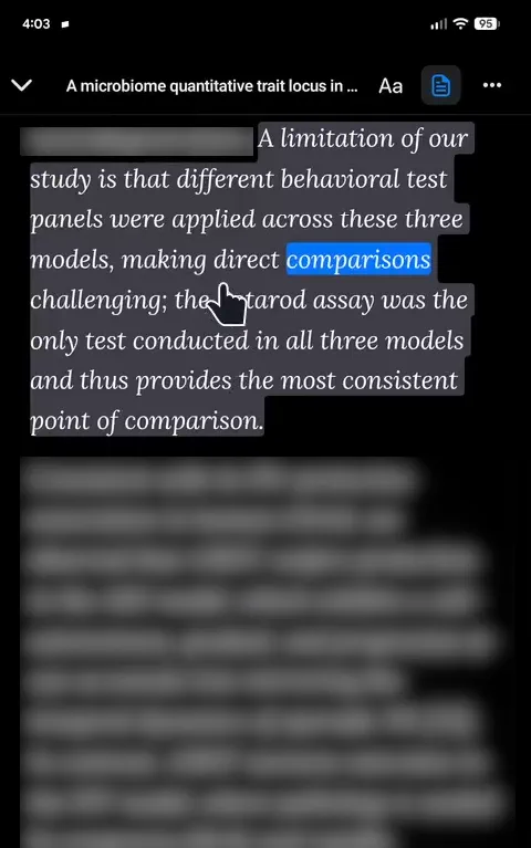 Audeus Mobile App document reader showing the visual finger-press ripple effect tapping a sentence, with the playback highlight snapping to that location