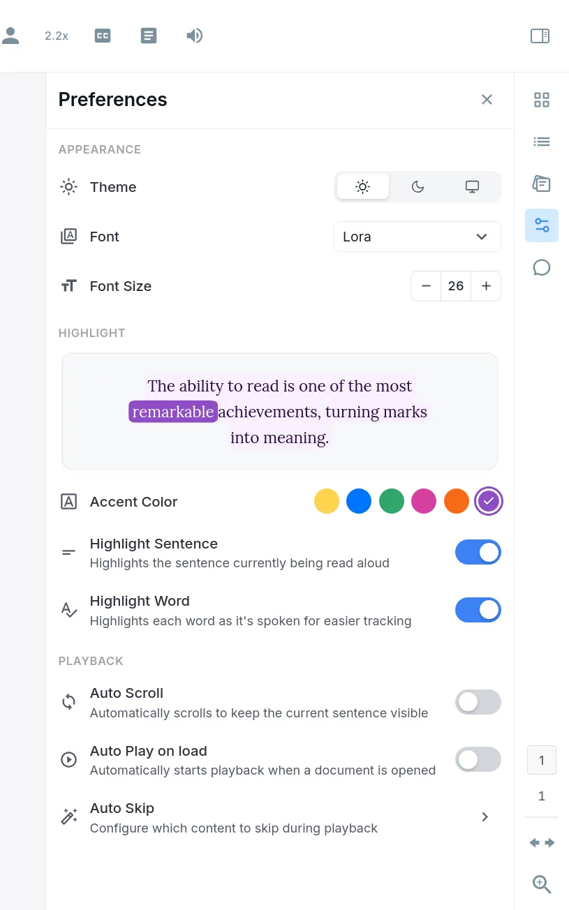 Opening the visual layout preferences menu in the Audeus web reader library