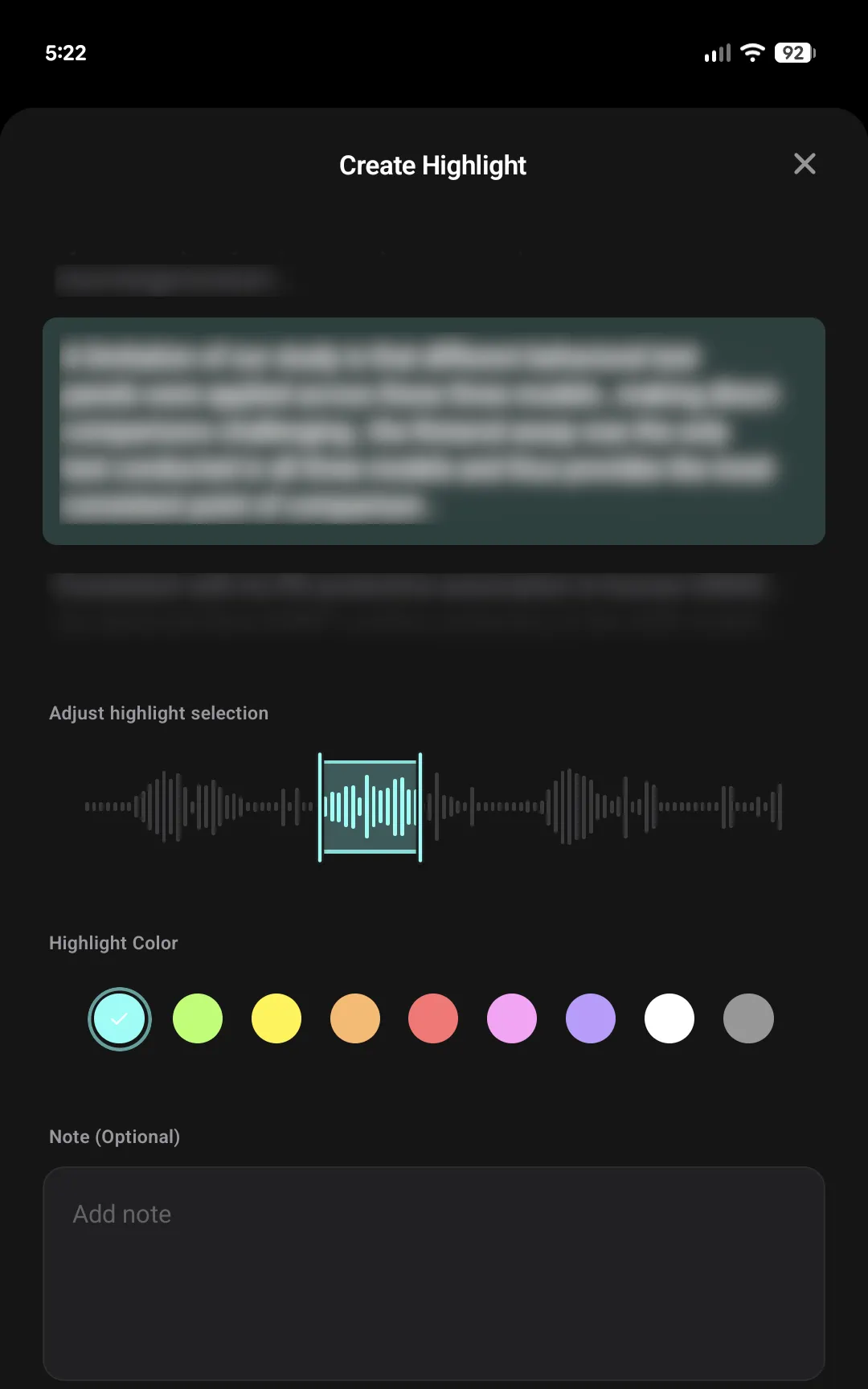 The mobile reader interface highlighting the Annotation Creator bottom sheet and the waveform range slider
