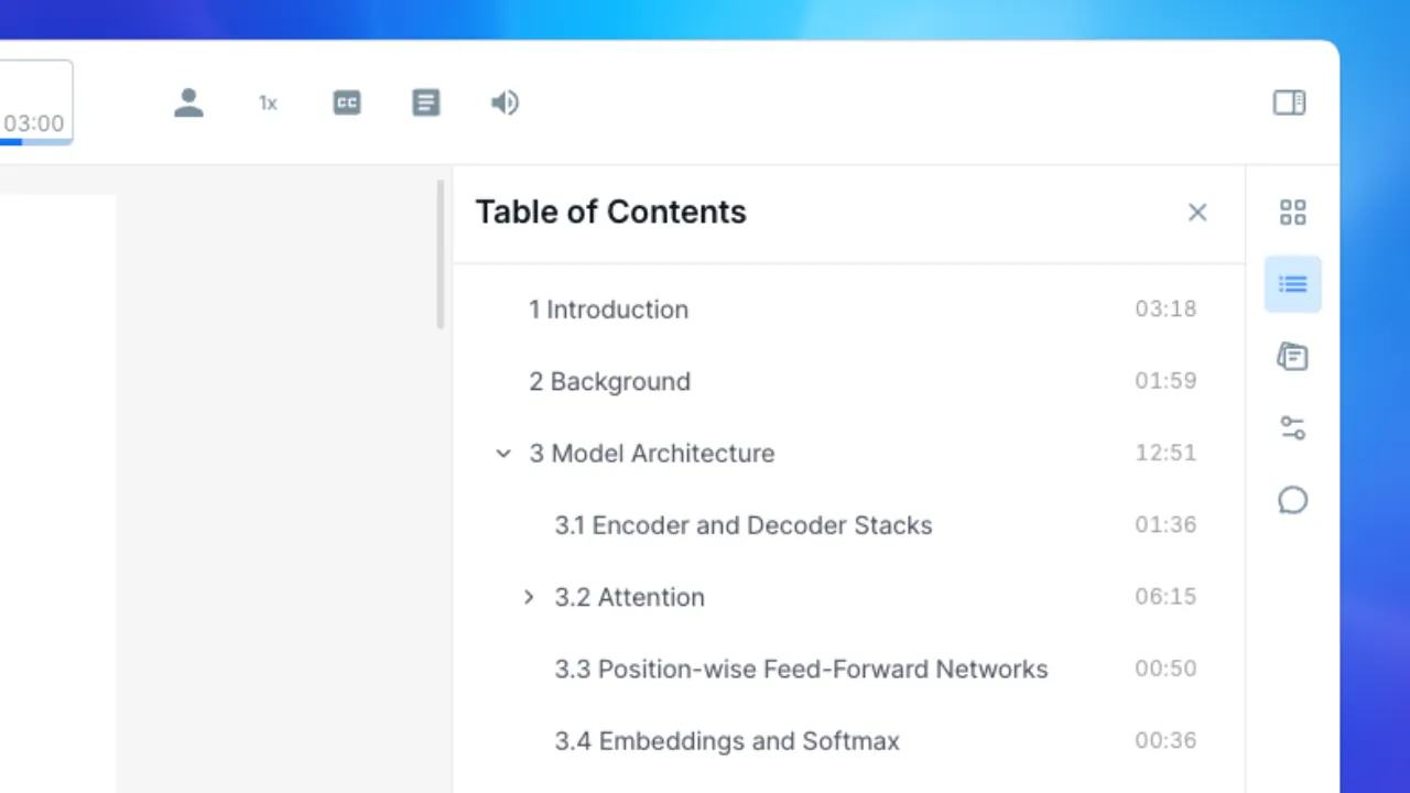 Table of Contents panel listing chapters with section listening time estimates