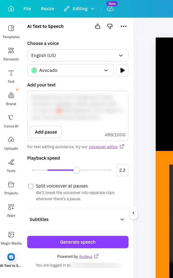 Screenshot of the Canva editor interface with the Audeus app open in the left sidebar showing a script and timeline waveform