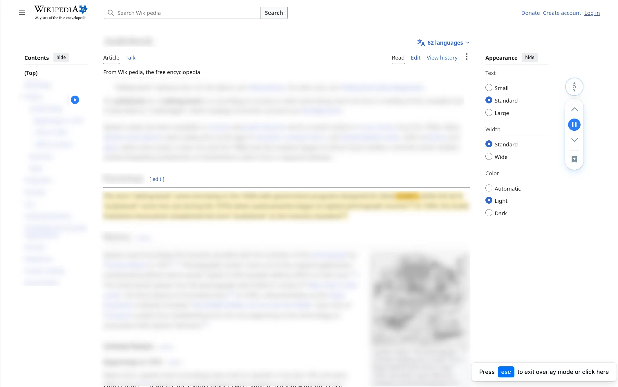Screenshot of a popular news website showing the Audeus extension highlighting active text while ignoring ads