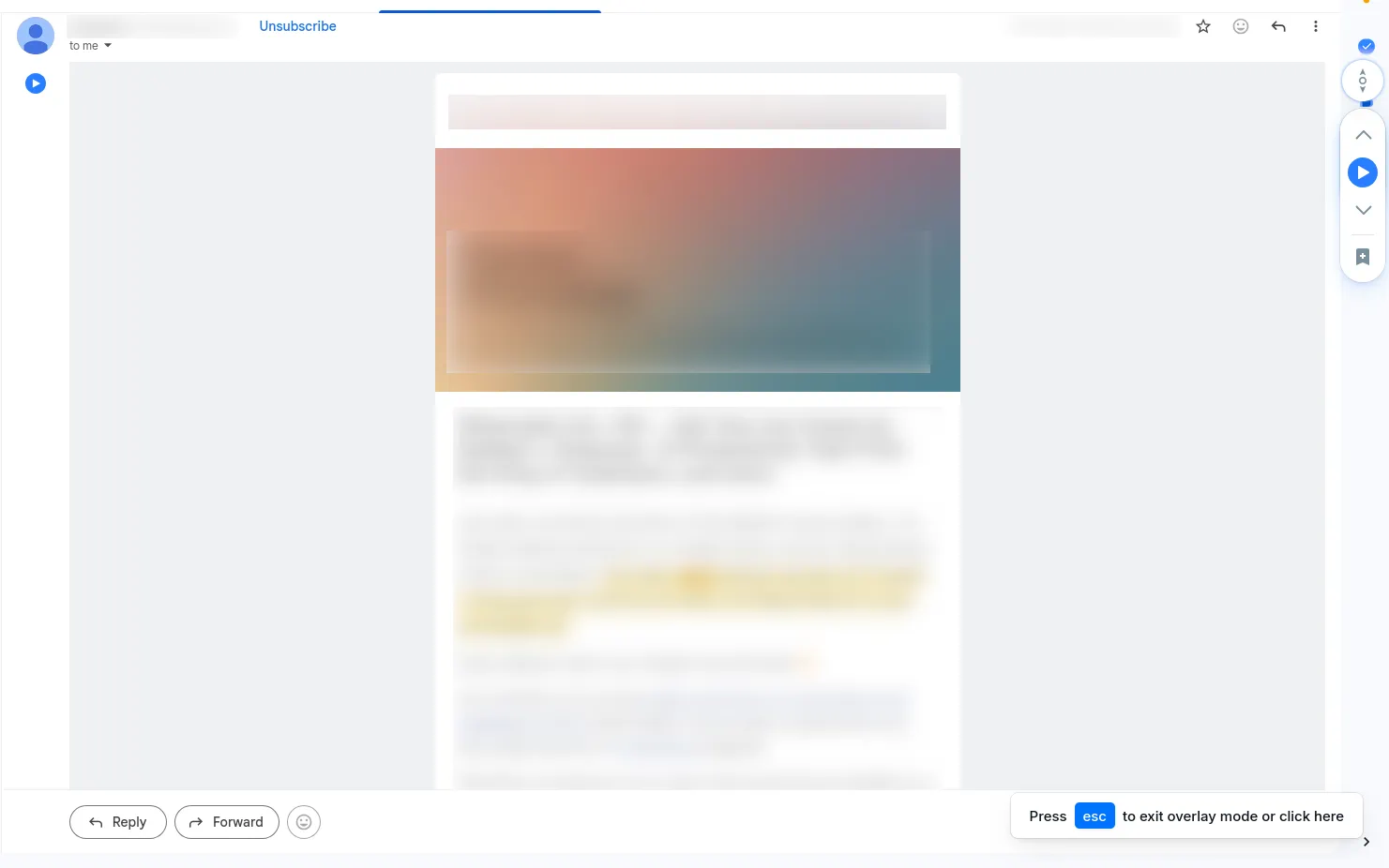 Screenshot of a Gmail inbox with a newsletter open and the Audeus extension highlighting active text