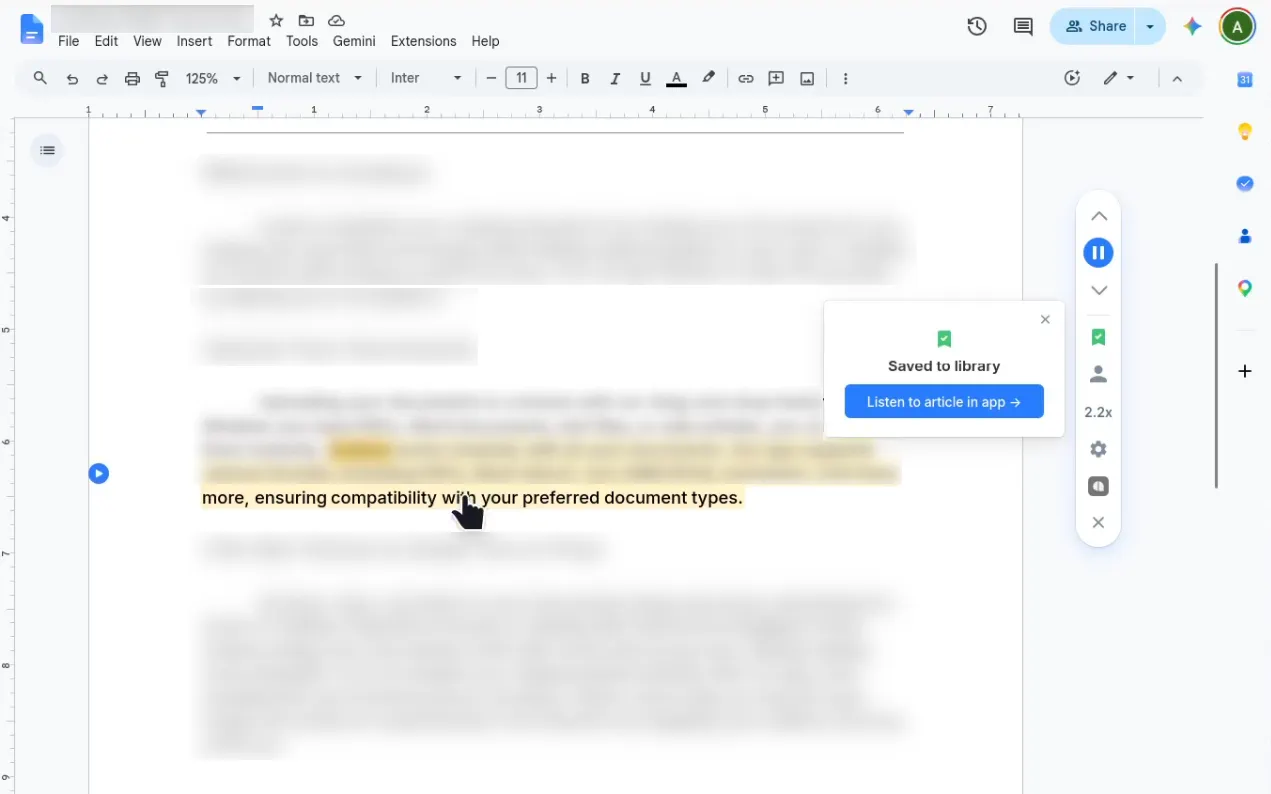 Screenshot of a Google Doc open in Chrome with the Audeus extension active showing the floating play button and sidebar control panel